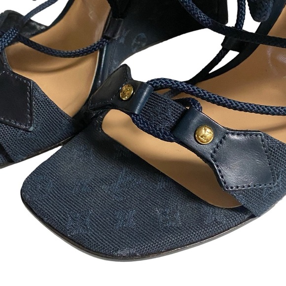Louis Vuitton Dark Blue Monogram Canvas High Wedge Pump Sandals Sz 38.5 - Picture 6 of 12
